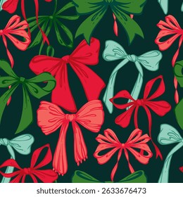 Fita de Natal brincalhão arcos padrão sem emenda. Arcos vibrantes vermelhos e verdes desenhados à mão doodle no fundo escuro. Design divertido para crianças. Impressão de férias retro para embrulho de presente, têxteis, cartão, desenhos sazonais