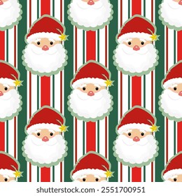 Playful Christmas seamless pattern featuring Santa Claus faces on red, green, and white striped backgrounds. Perfect for gift wrap, crafts, and festive decorations.