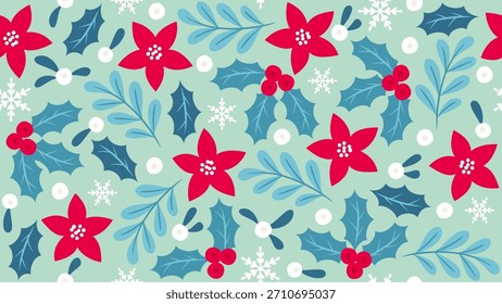 Playful Christmas Seamless Pattern with Red Flowers Blue Holly Leaves Snowflakes and Winter Berries on Light Blue Background Vector Illustration