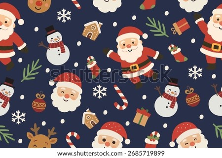 Playful Christmas seamless pattern with Santa Claus, snowmen, reindeer, candy canes, gifts, stockings, ornaments, and snowflakes on a festive dark blue background.
