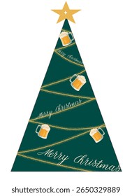 Playful Christmas tree made of golden garlands and beer mugs, with a golden star on top and “Merry Christmas” text looping around. A festive, humorous design perfect for beer-loving holiday