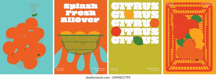 Playful citrus-themed posters featuring bright oranges, lemons, and limes with bold typography. Perfect for modern decor, kitchen art, and graphic projects. Adds a fresh and vibrant touch.