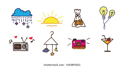 Playful Clipart Collection: Transform your visuals with this vibrant set of fun icons. The expressive illustrations, from a camera to a cocktail, bring a lively and cheerful touch to your creative  