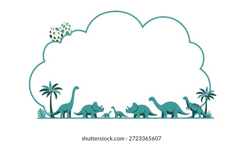 Playful cloud frame decorated with silhouettes of various dinosaurs and tropical palm trees for kids education designs.