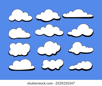 Playful Cloud Icons Set. A set of 12 bold, playful cloud icons with distinct shapes and shadows. Ideal for weather-themed projects, sky illustrations, or adding a whimsical touch to any design