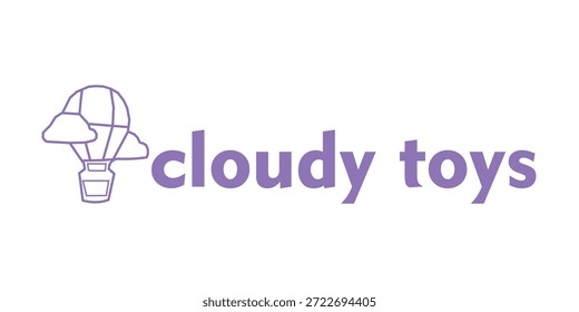 Playful Cloudy Toys logo featuring a purple hot air balloon with clouds, perfect for kids and imaginative play