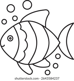 Playful Clownfish Illustration with Bubbles Underwater Scene A charming black and white drawing of a clownfish surrounded by bubbles perfect for coloring books and children's activities
