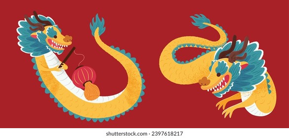 Playful CNY dragons isolated on red background. One with lantern, the other without.