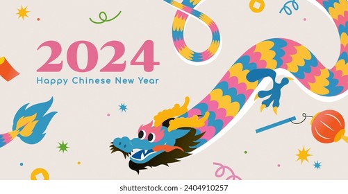 Playful CNY greeting card. Colorful dragon soaring on cream white background with festive decorations.