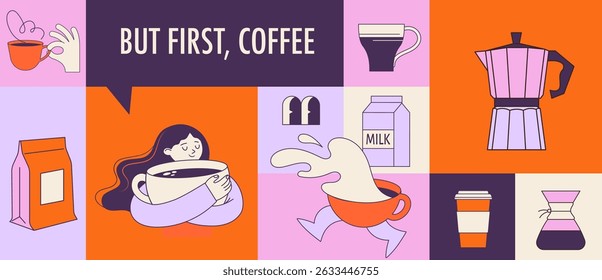 Playful coffee print with hand drawn illustrations and icons - moka pot, coffee cups, and various coffee accessories. Modern poster and social media vector design.