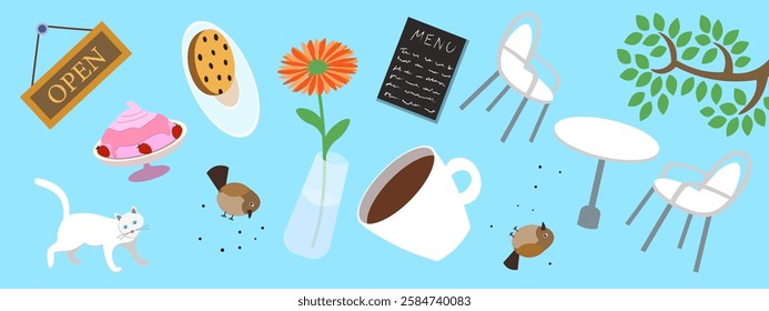 Playful coffee themed doodle set featuring cup, tea and desserts. Warm and aromatic design, perfect for cafe menu, stickers, banner and decorative background with trendy artistic touch. Art flyer.