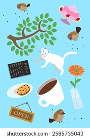 Playful coffee themed doodle set featuring cup, tea and desserts. Warm and aromatic design, perfect for cafe menu, stickers, banner and decorative background with trendy artistic touch. Art print.