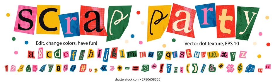 Playful collage font with cut out anonymous letters. Ransom note style alphabet, numbers and punctuation marks. Colorful halftone dotted paper clipping funky elements for scrapbook Vector illustration