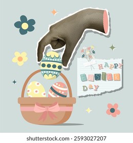 A playful collage showing a hand placing decorated eggs into a basket, surrounded by flowers, perfect for Easter festivities.