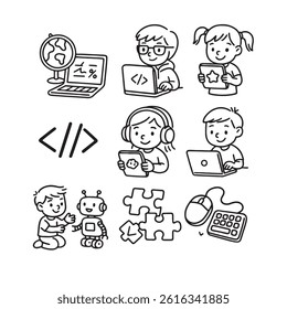 A playful collection of 10 hand-drawn black and white icons depicting children learning coding and using educational apps. 