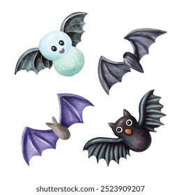 Playful Collection of Bats in Flight, Captured in Charming Watercolor Style