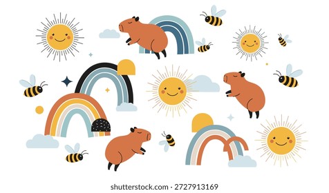 Colección lúdica de capibaras interactuando con abejas sonrientes, soles brillantes y arcoíris coloridos en un estilo de dibujos animados caprichosos para niños.