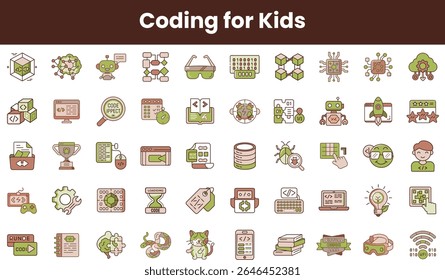 A playful collection of coding-themed icons designed for kids, featuring bright colors and whimsical designs that encourage learning and creativity in technology.