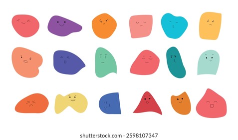 Playful collection of colorful abstract blob characters with expressive faces and emotions