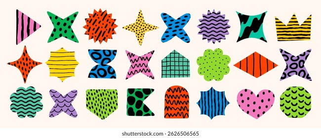 Playful collection of colorful abstract shapes, stars, diamonds, and hearts with hand drawn textures and bold patterns. Vector elements perfect for stickers, icons, graphic design and decoration