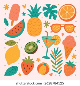 A playful collection of colorful boho-style summer icons: fruits, ice cream, cocktail, sunglasses, and more. Perfect for stickers, prints, fabric, and social media.