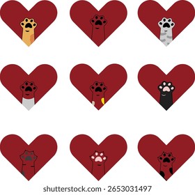 A playful collection of diverse cat paws in various colors in the red color love shape, perfect for pet-paw themed design.