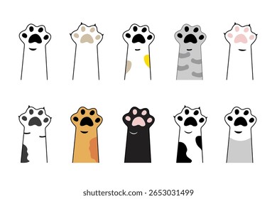 A playful collection of diverse cat paws in various colors, perfect for pet-themed design.
