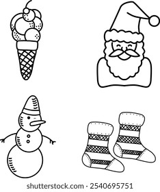 A playful collection of festive illustrations featuring Santa Claus, a snowman, Christmas stockings, and an ice cream cone, creating a whimsical holiday atmosphere.