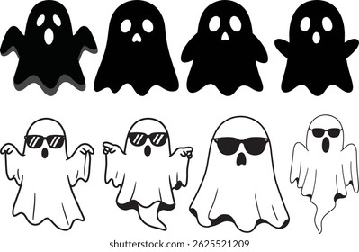 A playful collection of ghost illustrations in various styles including simple silhouettes and figures wearing sunglasses perfect for Halloween and spooky fun