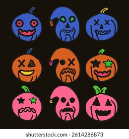 A playful collection of Halloween pumpkin characters in a naive retro style, inspired by 80s and 90s children's drawings.