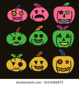 A playful collection of Halloween pumpkin characters in a naive retro style, inspired by 80s and 90s children's drawings.