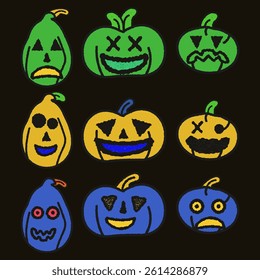 A playful collection of Halloween pumpkin characters in a naive retro style, inspired by 80s and 90s children's drawings.