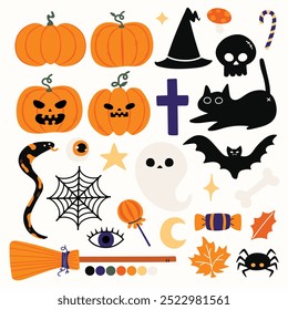 A playful collection of Halloween-themed icons, featuring spooky elements like jack-o'-lanterns, ghosts, bats, and candy in a fun, cartoon style