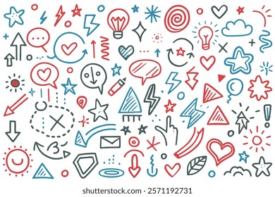 Playful collection of hand drawn doodles featuring hearts, arrows, speech bubbles, stars, and abstract elements for design projects