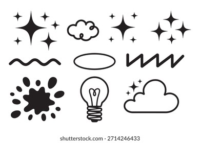 Una colección lúdica de Elementos de doodle dibujados a mano que incluyen estrellas, nubes y Formas abstractas