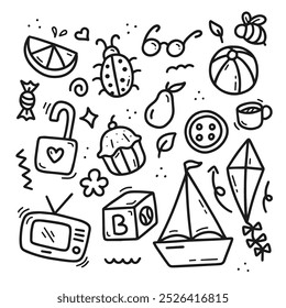 A playful collection of hand-drawn doodles, featuring objects like a kite, cupcake, pear, and more. Perfect for fun, whimsical projects and children's designs.