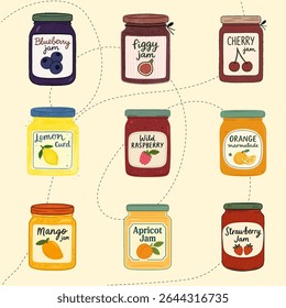 A playful collection of hand-drawn fruit jam jars including strawberry, cherry, fig, mango, and more. Cute cartoon style. Transparent background for easy use in design projects.