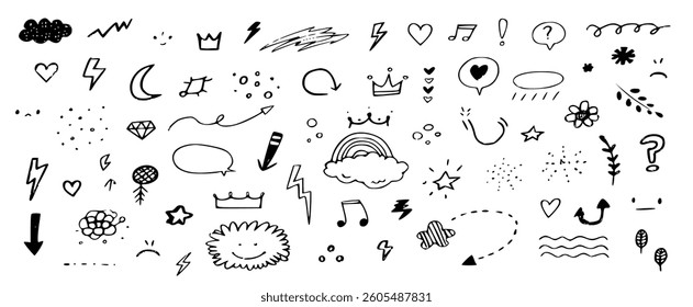 playful collection of hand-drawn line art elements including hearts, stars, arrows, crowns, speech bubbles, flowers, and abstract shapes. Perfect for doodle designs, sketches, and cute decorations
