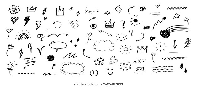 playful collection of hand-drawn line art elements including hearts, stars, arrows, crowns, speech bubbles, flowers, and abstract shapes. Perfect for doodle designs, sketches, and cute decorations