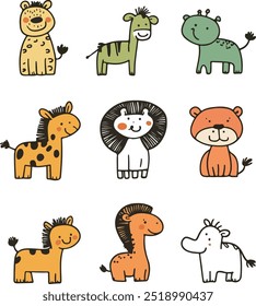 Uma coleção divertida de animais de safári desenhados à mão, incluindo girafas, zebras, leões e um hipopótamo, cada um ilustrado em um estilo simples e bonito. 