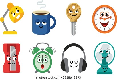 A playful collection of kawaii everyday object characters featuring a desk lamp, coffee mug, key, clock, sharpener, alarm clock, headphones, and electric fan. Perfect for stickers, children's designs, educational materials, branding, apps, and creative digital projects.A playful collection of kawaii everyday object characters featuring a desk lamp, coffee mug, key, clock, sharpener, alarm clock, headphones, and electric fan. Perfect for stickers, children's designs, educational materials, branding, apps, and creative digital projects.