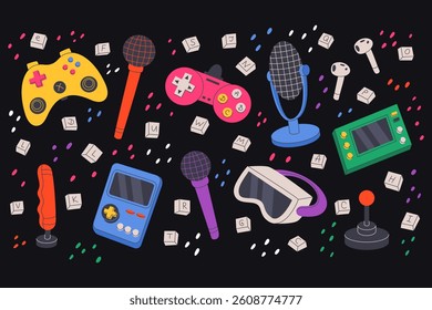 playful collection of retro and modern gaming and audio gadgets