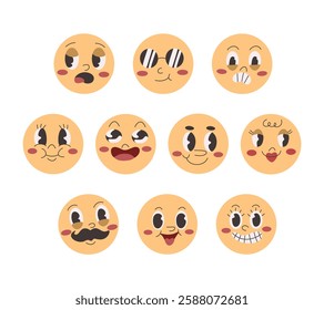 A playful collection of retro-style emoticon featuring various happy expressions, including smiling, laughing, winking, and grinning faces. Perfect for digital messaging, social media, and more