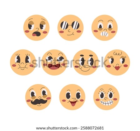 A playful collection of retro-style emoticon featuring various happy expressions, including smiling, laughing, winking, and grinning faces. Perfect for digital messaging, social media, and more