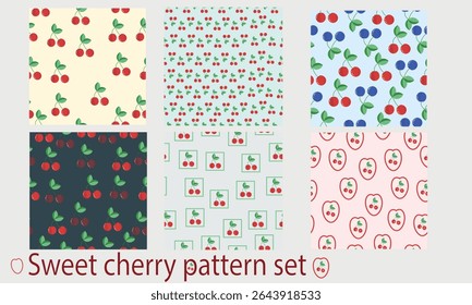 A playful collection of seamless patterns featuring red and blue cherries on soft backgrounds. Ideal for summer-themed textiles, packaging, baby products, and decor