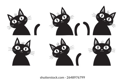 Uma coleção divertida de seis silhuetas de gato preto com grandes olhos expressivos e bigodes, dispostos em duas fileiras. Os gatos estão espiando das bordas, isolados em um fundo branco limpo, criando um 