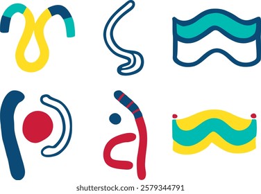 Playful collection of squiggles featuring curved organic shapes in navy blue, turquoise, yellow and red. Simple fluid design elements with smooth lines and wave-like forms.
