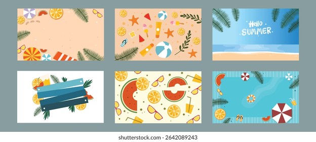 A playful collection of summer illustrations including floaties pineapples trucks umbrellas and sunny decorative patterns