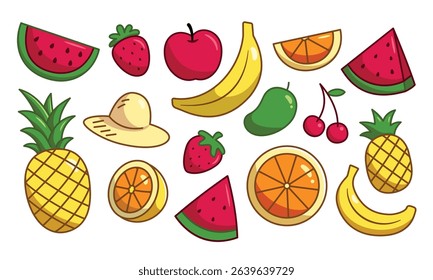A playful collection of tropical summer fruits in cartoon doodle style, featuring watermelon, pineapple, banana, strawberry, orange, cherry, mango, apple, and a sun hat.