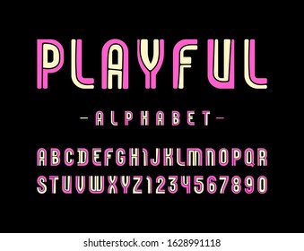 Playful color font, modern striped alphabet, trendy rounded letters and numbers, vector illustration